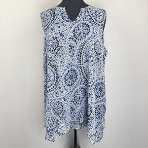 Cristina B Women's Tunic Blouse L Blue Print Sleeveless Layered Curved Hem Split